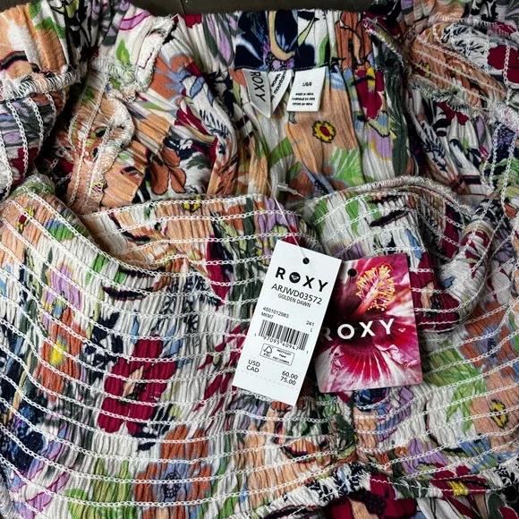 Roxy Golden Dawn White Pink Green Floral Sundress Smocked Ladies Large NWT - Picture 7 of 10